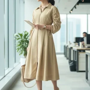 Cotton Zip Dress With Gathered Tie-Up Sleeves | Beige Dress For Women